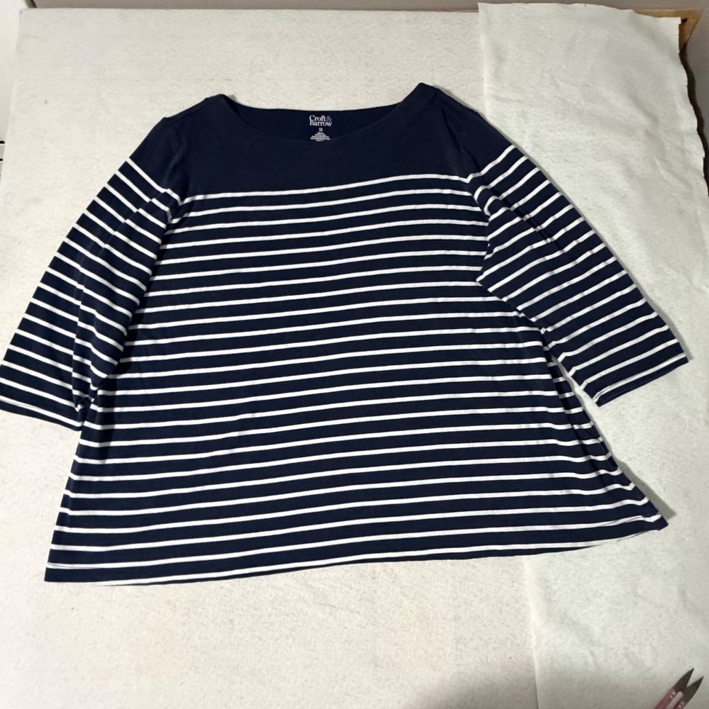Croft & Barrow Womens 3X Navy Blue White Striped Boat Neck 3/4 Sleeve Cotton Top